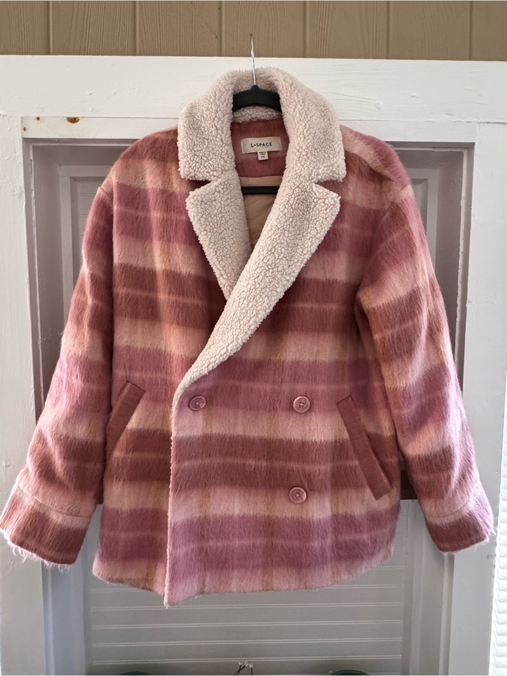 l*space Pink Striped Sherpa Peacoat